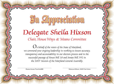 Certificate to Del. Hixson